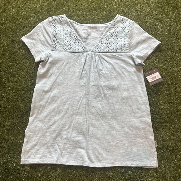 NWT Eddie Bauer Top Womens XS Teal WR Lila SS Eyelet V Neck Short Sleeve Knit - Picture 1 of 11